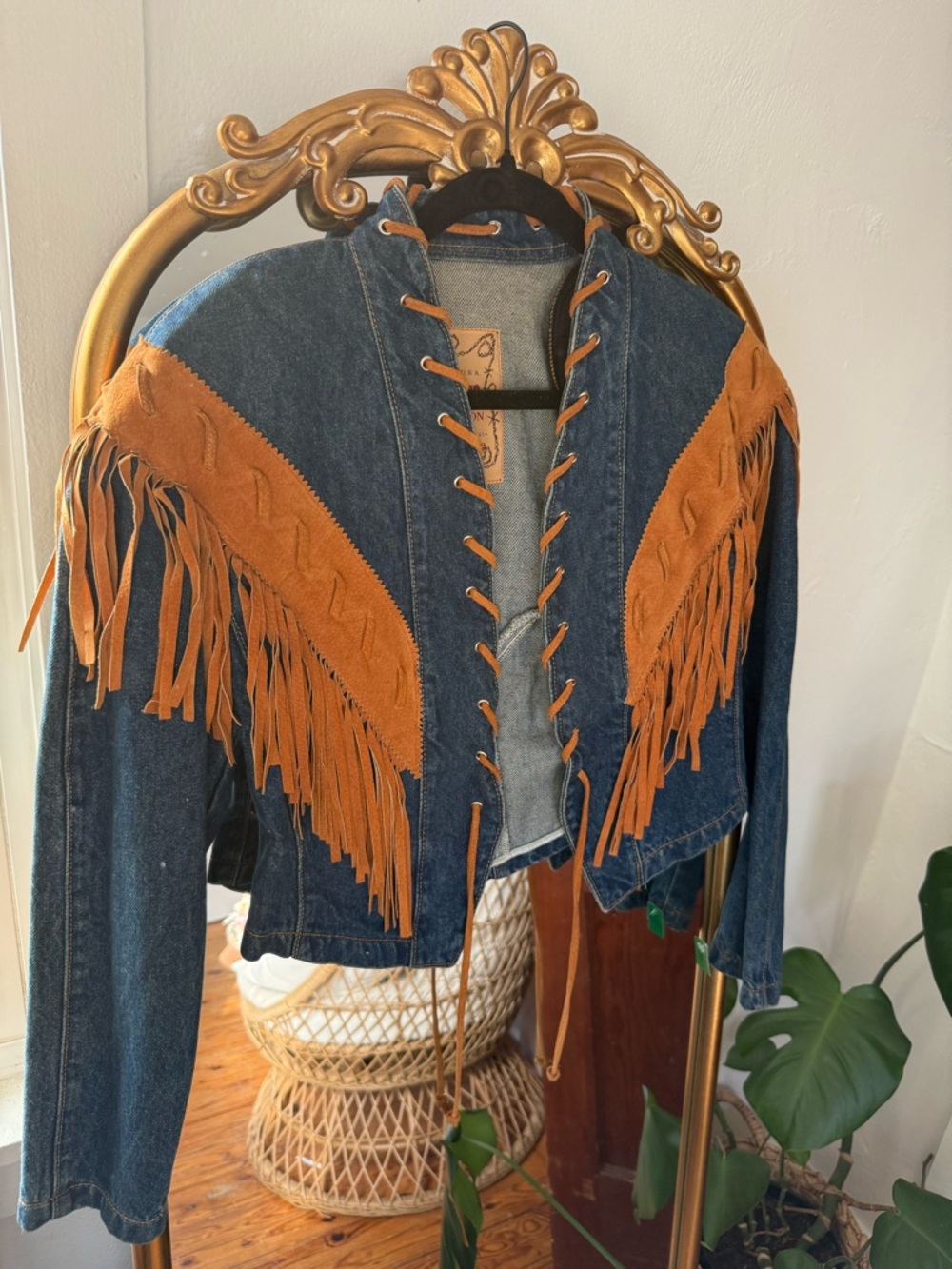 Vintage Frontier Denim Fringe Jacket in Brown Accent